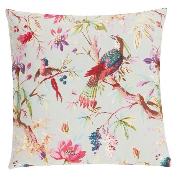 Poduszka ozdobna Kokonhome z motywem roślinnym i egzotycznymi ptakami, wykonana z naturalnej bawełny, idealna do aranżacji salonu.