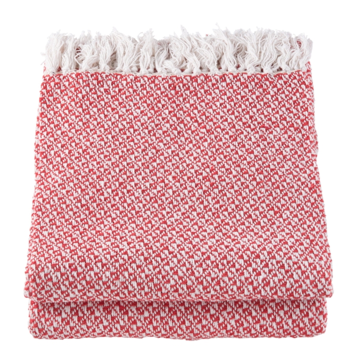 Biało-czerwony pled bawełniany z frędzlami na kanapę