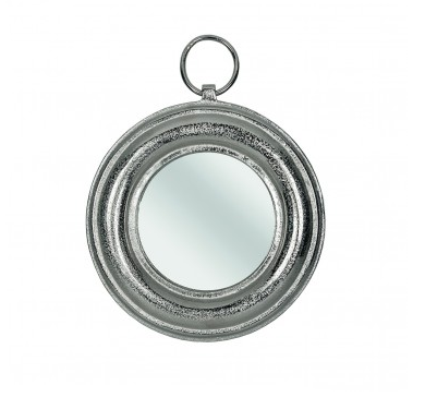 Okrągłe lusterko ścienne w srebrnej ramie z metalowym uchwytem