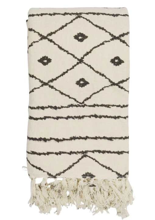 Miękki bawełniany pled w  kolorze ecru w czarne etniczne wzory - wymiary 130x170 cm
