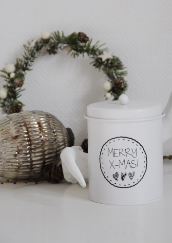 Biała dekoracyjna puszka z motywem świątecznym