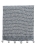Narzuta na łóżko 150x200 w szaro-białe pasy z grubym splotem i dodatkiem wełny. Ozdobiona pomponami.