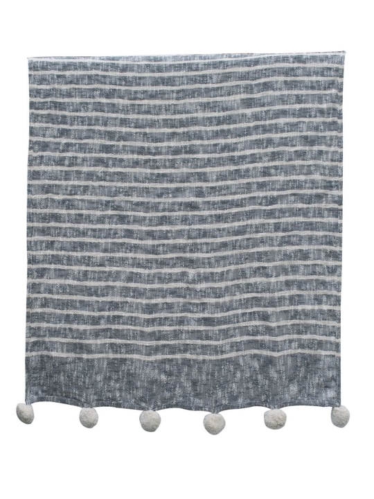 Narzuta na łóżko 150x200 w szaro-białe pasy z grubym splotem i dodatkiem wełny