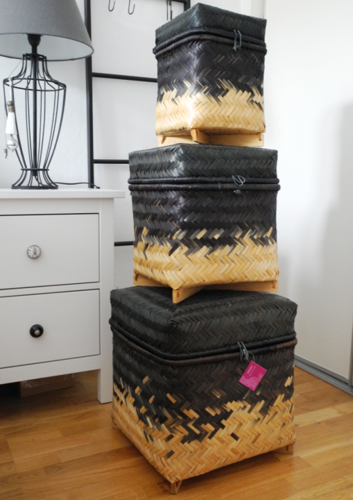 Komplet trzech koszy z wieczkiem – ręcznie wyplatane, naturalny i czarny ombre