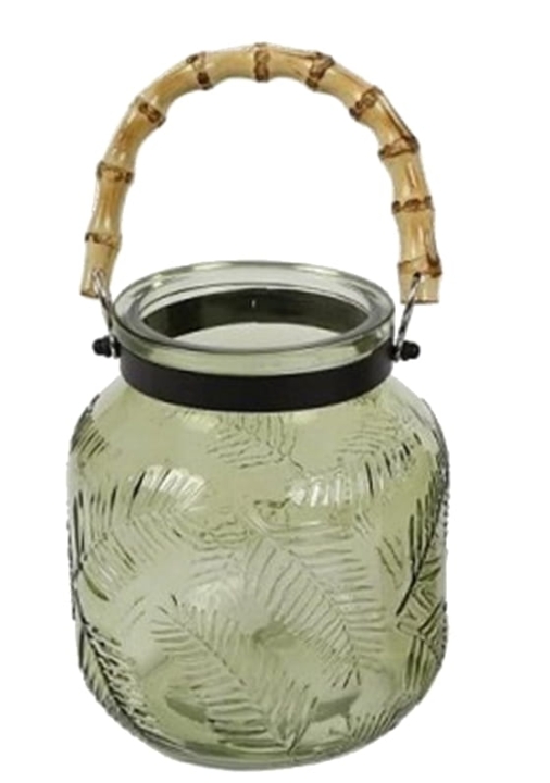 Lampion z zielonego szkła z roślinnym motywem