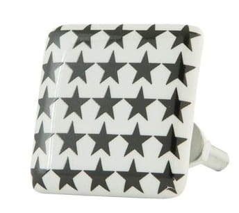 Kwadratowa gałka do mebli biała w czarne gwiazdki