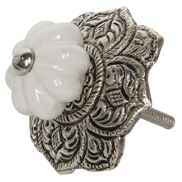 Gałka ceramiczna biała z metalową rozetą