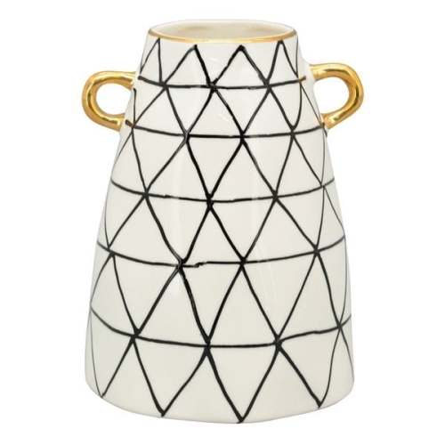 Ceramiczny wazon z uszami i złotymi dodatkami w ręcznie malowane czarne trójkaty