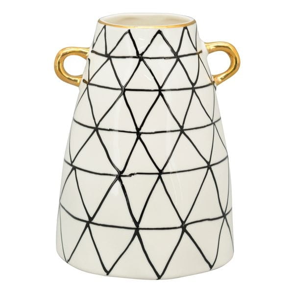 Ceramiczny wazon z uszami i złotymi dodatkami w ręcznie malowane czarne trójkaty