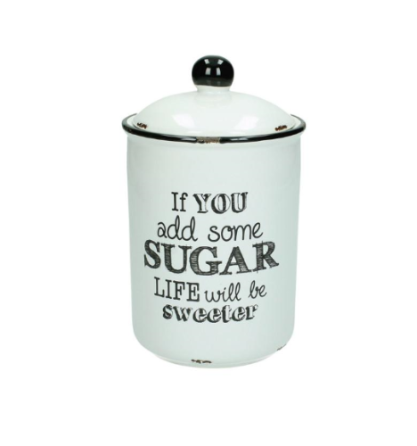 Biały ceramiczny pojemnik na cukier z czarnym napisem
