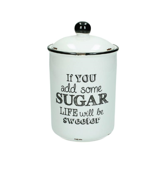 Biały ceramiczny pojemnik na cukier z czarnym napisem