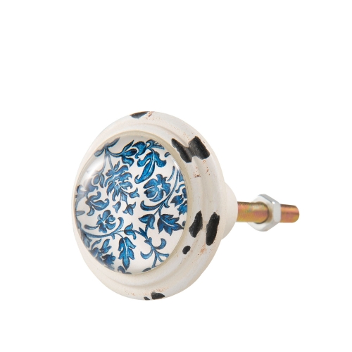Biała metalowa gałka do mebli z niebieskim motywem roślinnym