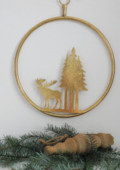 Świąteczna złota dekoracyjna zawieszka z reniferem i choinkami