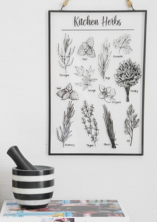 Dekoracja vintage ze szkła i czarnego metalu na ścianę do kuchni. Obrazki z nazwami ziół.