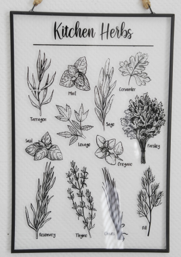 Szklany szyld z ziołami do kuchni - grafiki zziół w stylu vintage