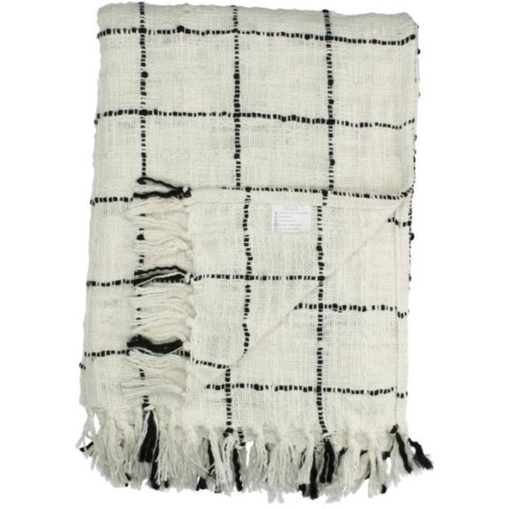 Pled z bawełny biały w czarną kratę