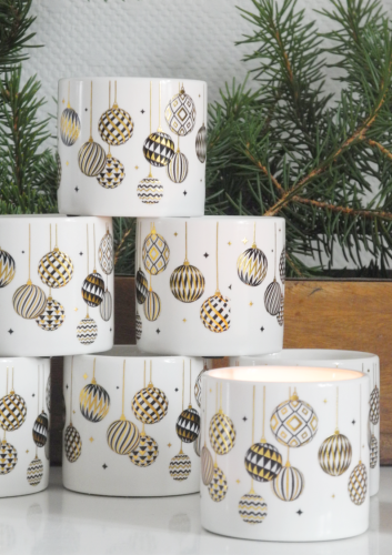 Świecznik ceramiczny na tealight z motywem złotych i czarnych bombek
