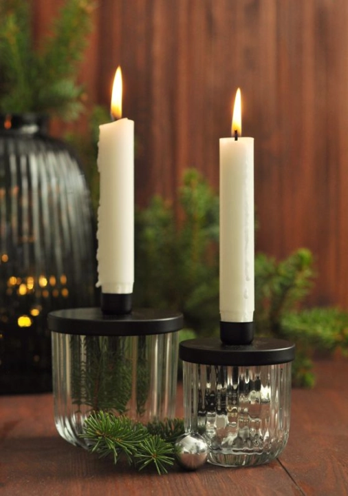 Świeczniki z karbowanego szkła z czarnym wieczkiem