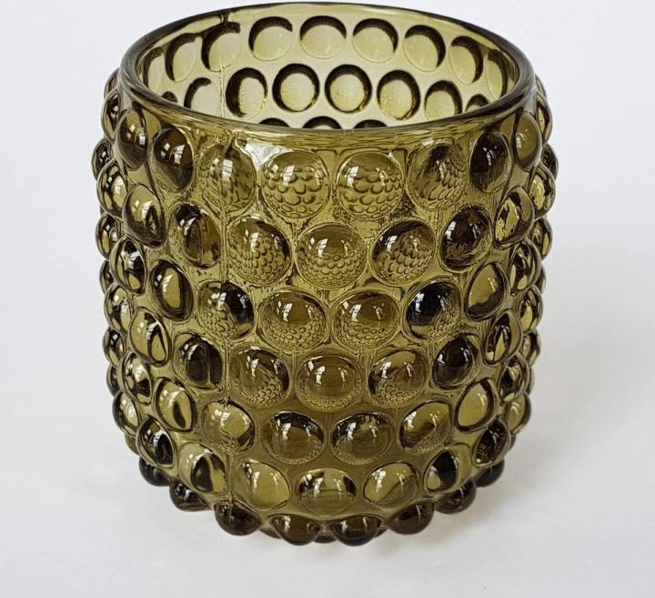Tealight z grubego szkła w odcieniu oliwkowym z bąbelkową fakturą