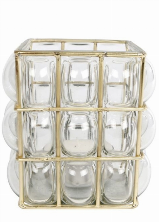 Złoty świecznik na tealight ze szkła i metalu – model Clara