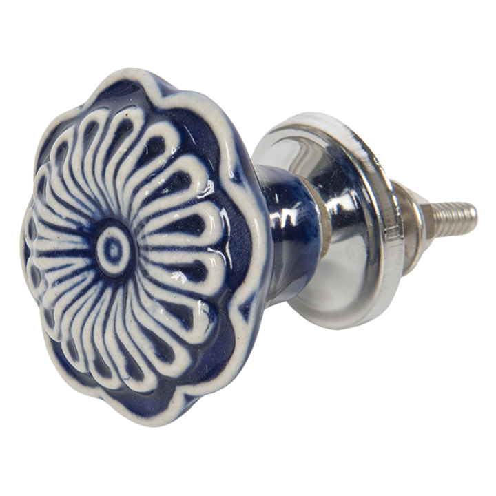 Niebieska ceramiczna gałka meblowa Blue Flower w kształcie kwiatka z białymi akcentami