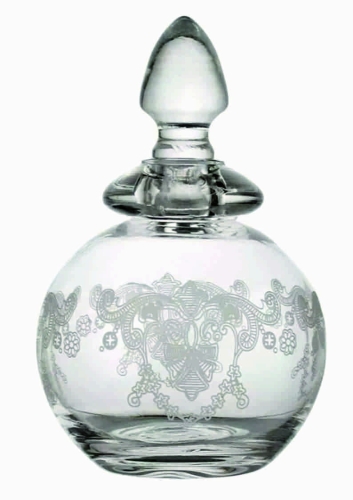Szklana perfumetka z ozdobnym grawerem i szlifowanym korkiem