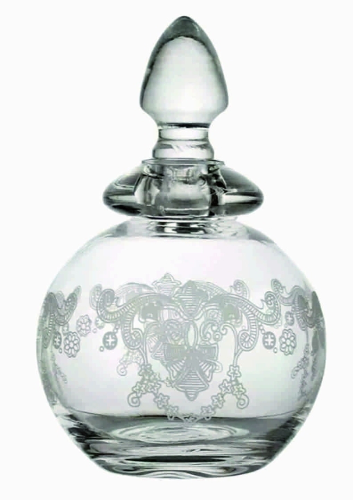 Szklana perfumetka z ozdobnym grawerem i szlifowanym korkiem
