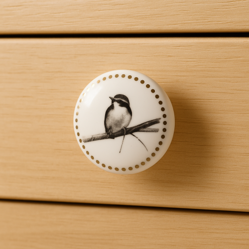 Ceramiczna gałka meblowa z motywem ptaszka i złotymi kropkami, zamocowana na szufladzie z jasnego drewna