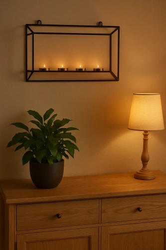 Ścienny świecznik ze świecami nad komodą w eleganckim wnętrzu w stylu skandynawskim