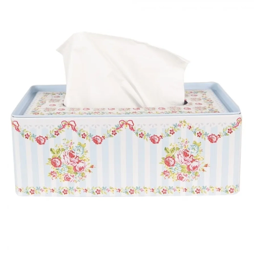 Metalowy pojemnik na chusteczki Rose Garden Blue z kwiatowym wzorem shabby chic