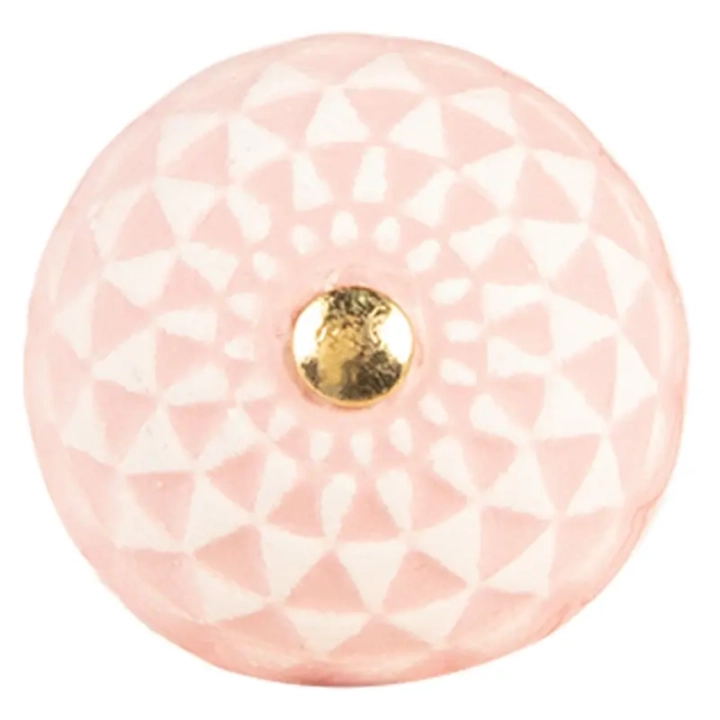 gałka ceramiczna różowa baby pink z geometrycznym wzorem i złotym detalem Clayre & Eef