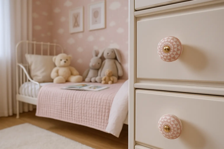 Biała komoda z różowymi gałkami ceramicznymi baby pink Clayre & Eef w pokoju dziewczynki