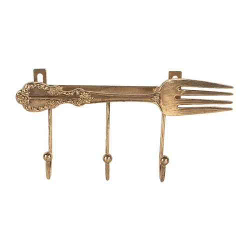 Złoty wieszak ścienny w kształcie widelca z 3 haczykami – dekoracja kuchni