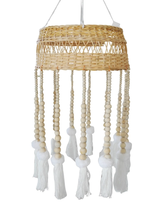Naturalny abażur boho do salonu i sypialni z koralikami i frędzlami