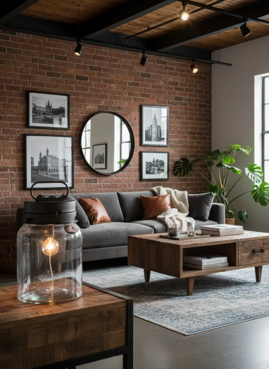 Lampa stołowa LED na baterie w industrialnym salonie – przytulne światło na drewnianym stoliku
