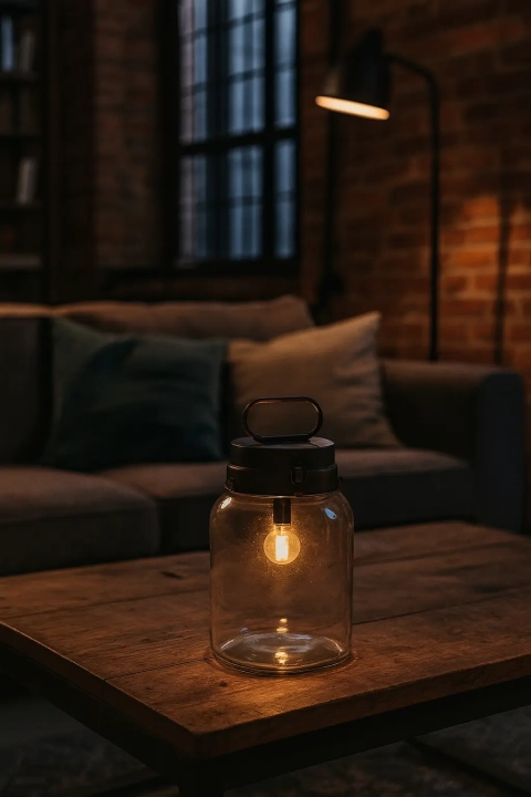 Bezprzewodowa lampa stołowa loftowa w szklanym słoiku – dekoracja wnętrza w industrialnym stylu
