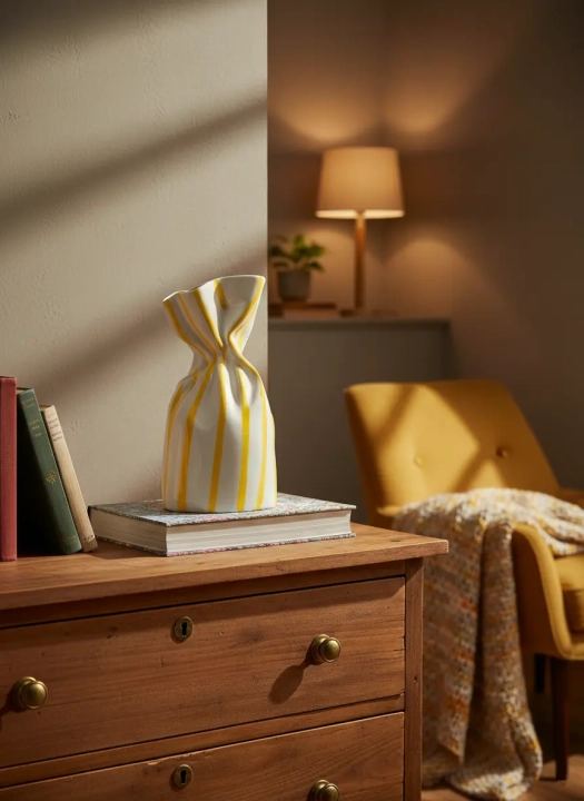 Wazon ceramiczny Sunny Twist biały w żółte paski na komodzie