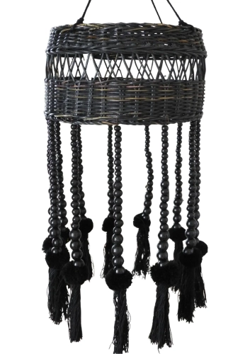 Stylowy boho abażur z czarnymi koralikami i frędzlami do salonu lub sypialni