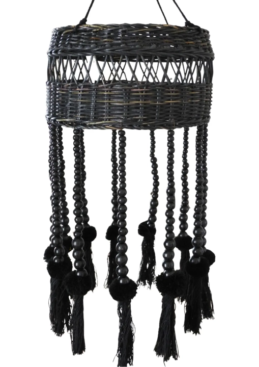 Stylowy boho abażur z czarnymi koralikami i frędzlami do salonu lub sypialni