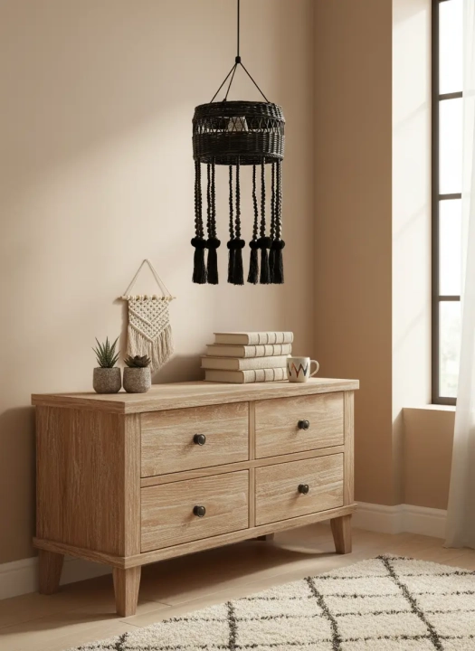 Czarna lampa boho z wiklinowym abażurem i koralikami w eleganckim wnętrzu salonu