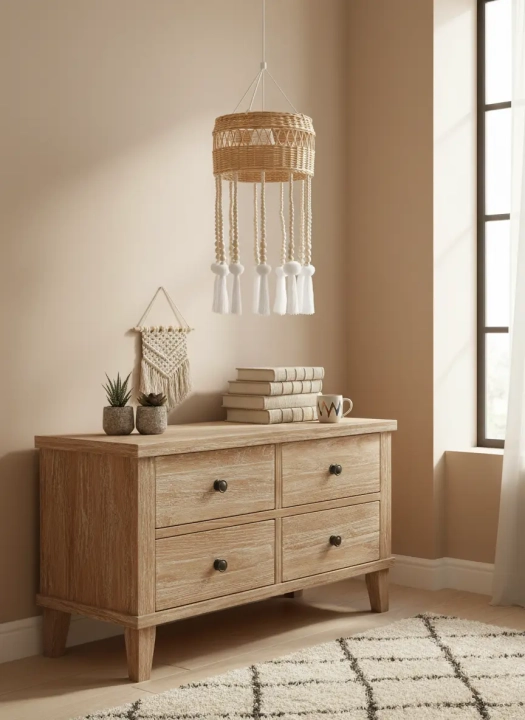 Jasna lampa boho z wiklinowym abażurem i koralikami w eleganckim wnętrzu salonu