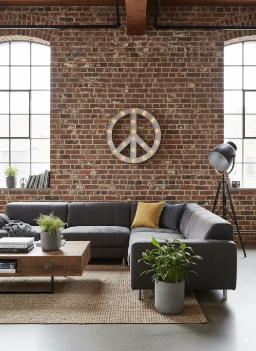 Nowoczesne oświetlenie dekoracyjnew salonie na ścianie z cegły