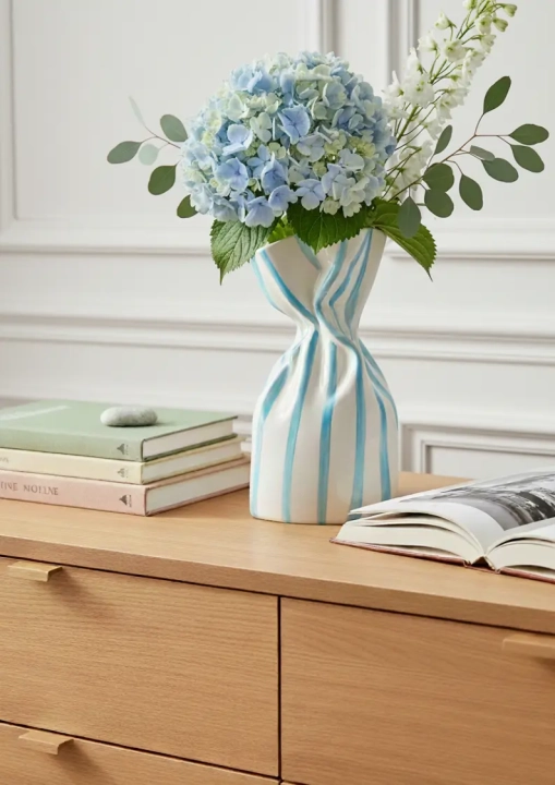 Dekoracyjny wazon biało-niebieski Riviera ustawiony na komodzie w nowoczesnym pokoju