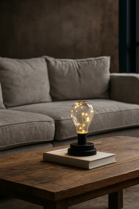 Nastrojowa lampka dekoracyjna LED na drewnianym stoliku w stylu loftowym