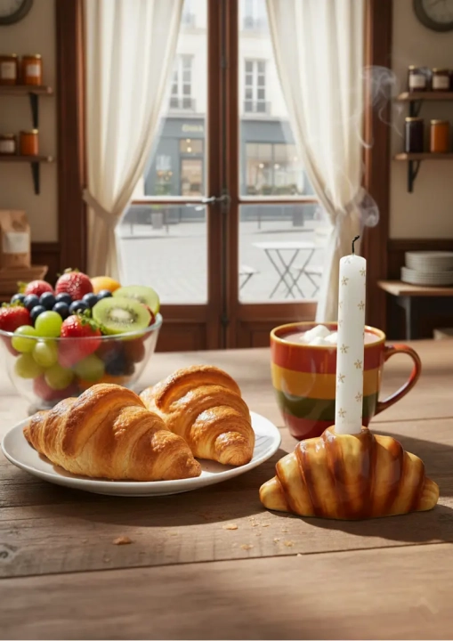 Ceramiczny zabawny świecznik croissant na stole przy śniadaniu