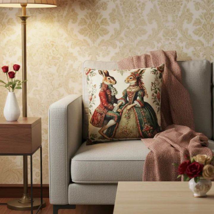 Poszewka dekoracyjna 45x45 cm z zajęcą parą w stylu retro na beżowej sofie