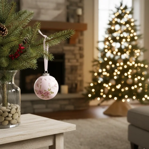 Pastelowa ozdoba choinkowa z motywem róż na gałązce