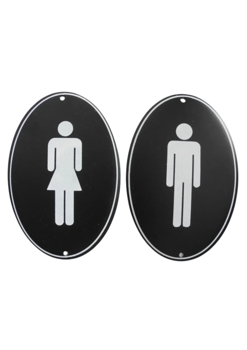 Metalowe tabliczki na drzwi toalety on i ona czarne owalne