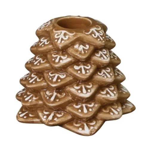 Świąteczny świecznik ceramiczny Gingerbread w formie choinki z dekoracyjnymi białymi wzorami