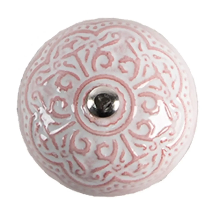 Okrągła gałka meblowa ceramiczna w kolorze pudrowego różu z tłoczonym  wzorem w stylu retro